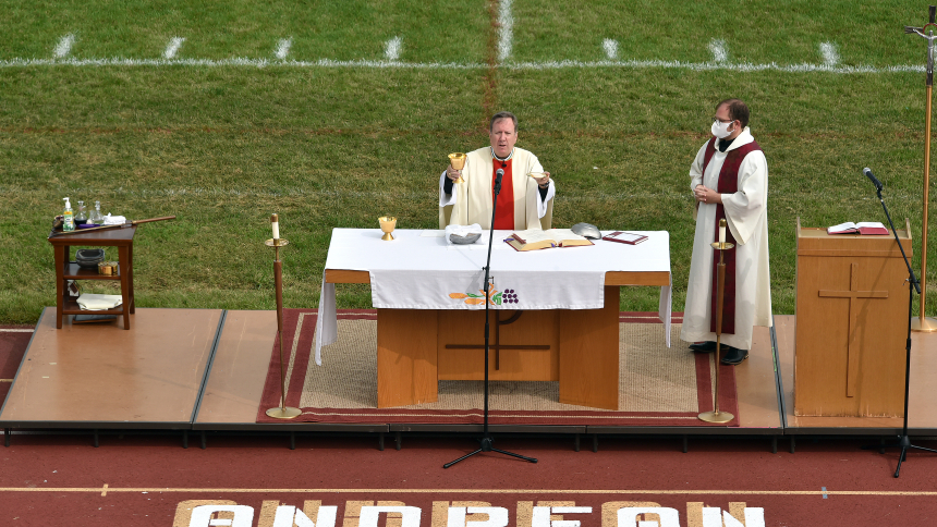 Bishop McClory celebrates all-school Mass Sept. 15, 2020 at Andrean, with Father Jeff Burton concelebrating.