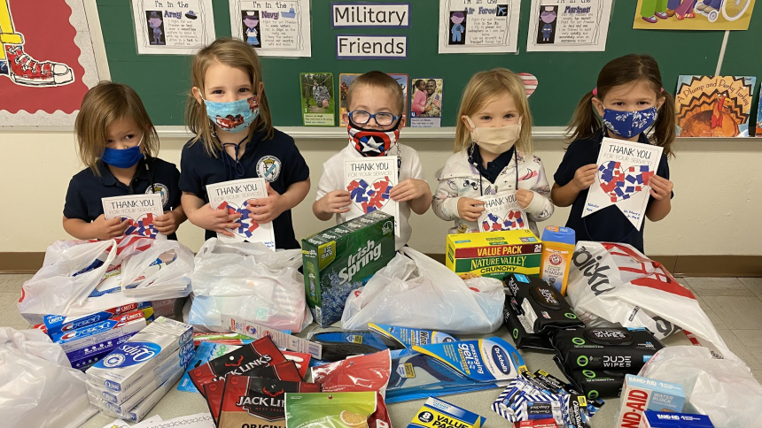 Preschoolers at St. Mary in Crown Point with care package items