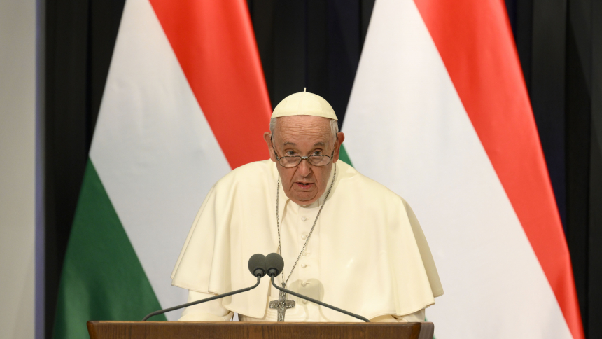 Pope Francis gives his first speech in Hungary to government and civic leaders and diplomats serving in Budapest at the former Carmelite monastery that now houses the office of Prime Minister Viktor Orbán April 28, 2023. (CNS photo/Vatican Media)