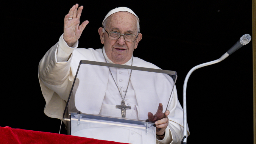 Pope Francis greets an estimated 20,000 visitors and pilgrims who joined him for the recitation of the "Regina Coeli" prayer April 16, 2023, in St. Peter's Square at the Vatican.