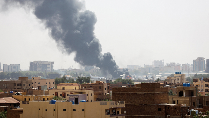 Smoke rises from burning aircraft inside Khartoum Airport during clashes between the paramilitary Rapid Support Forces and the army in Khartoum, Sudan, April 17, 2023.