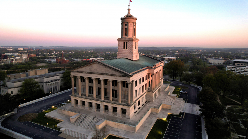 An aerial view of the Tennessee Capitol is pictured in Nashville, April 11, 2023.