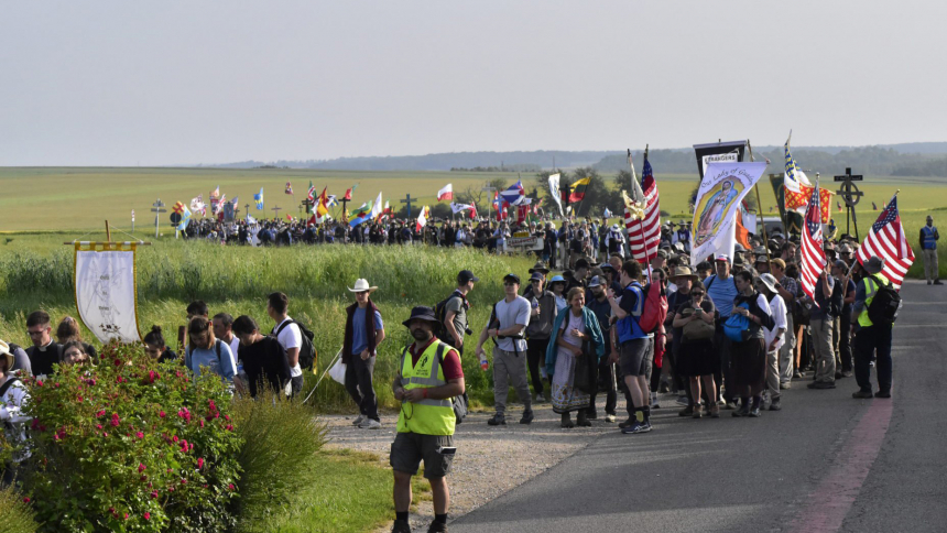 A record number of 16,000 Catholics participate in the 41st annual traditional Catholic Pentecost pilgrimage from Paris to Chartres, organized May 27-29, 2023, under theme "Eucharist Salvation of Souls." Some 1,500 foreigners from 27 countries participated this year, including a group of Catholics from the U.S., Canada and Australia. (OSV News photo/courtesy Notre-Dame de Chrétienté)