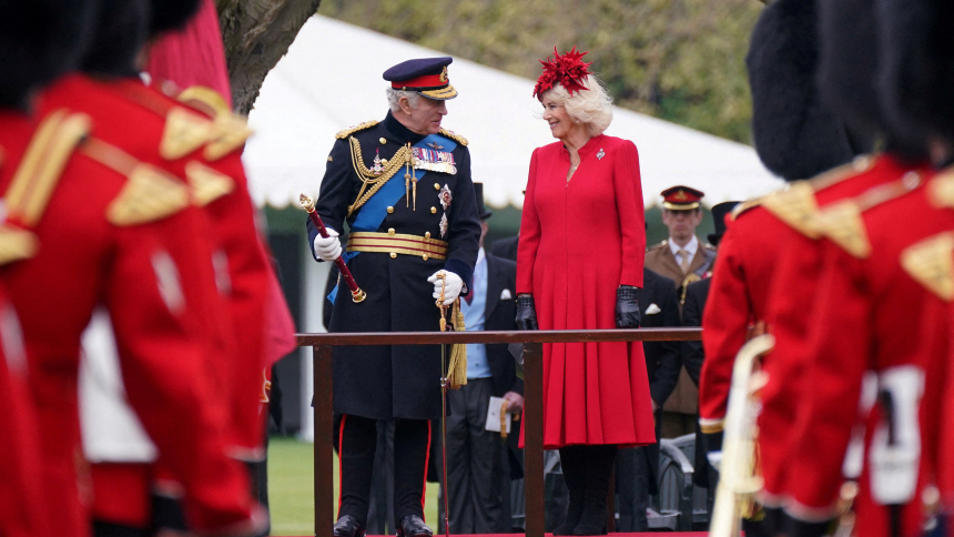 King Charles III and Camilla, Queen Consort, attend a ceremony  at Buckingham Palace in London on April 27, 2023. (OSV News photo/Yui Mok, Reuters)