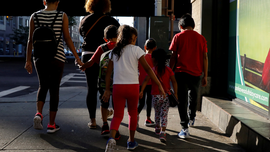 Children are escorted to the Cayuga Center, which provides foster care and other services to immigrant children separated from their families, in New York City, July 10, 2018. In the U.S. there are nearly 400,000 children in the foster care system. (OSV news photo/Brendan McDermid, Reuters)