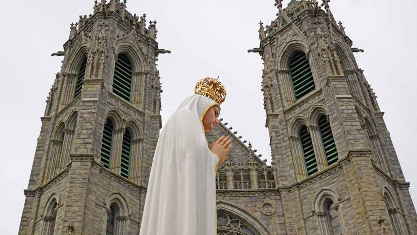A statue of Our Lady of Fatima is pictured outside the Cathedral Basilica of the Sacred Heart in Newark, N.J., on her feast day, May 13, 2023, where veneration and a Mass were held. The statue is touring the Archdiocese of Newark through June 7 before being flown back home to Portugal. (OSV New photo/Joseph Jordan, courtesy Archdiocese of Newark)           