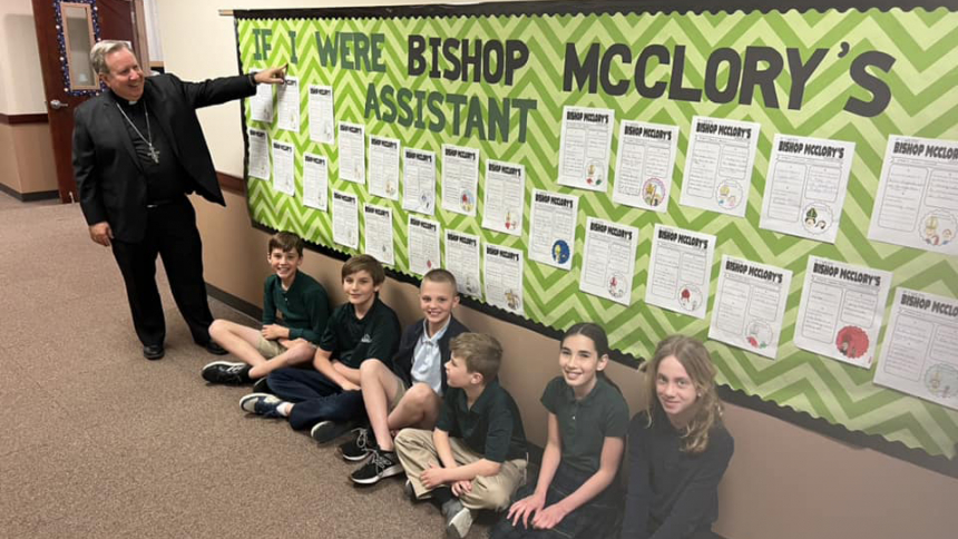 Bishop McClory presided at an all school Mass, visited all the classrooms along with meetings with the school faculty, parish leadership, and pastor Father Jon Plavcan on April 19 at St. Patrick in Chesterton. (Provided photo)