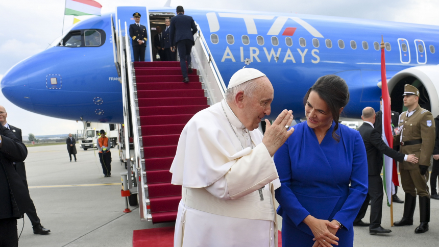 Pope Francis speaks with Hungarian President Katalin Novák during a farewell ceremony in Budapest, Hungary, April 30, 2023. The pontiff concluded his three-day visit to the country. (CNS photo/Vatican Media)