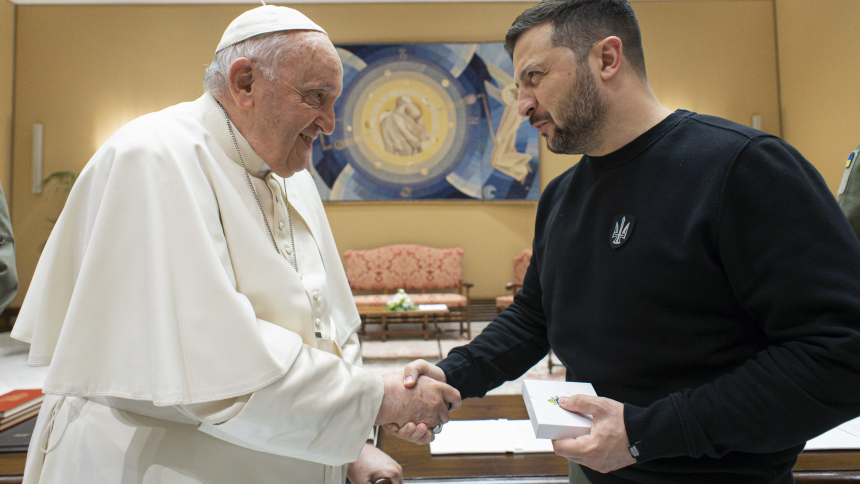Pope Francis and Ukrainian President Volodymyr Zelenskyy shake hands after their meeting at the Vatican May 13, 2023. (CNS photo/Vatican Media)