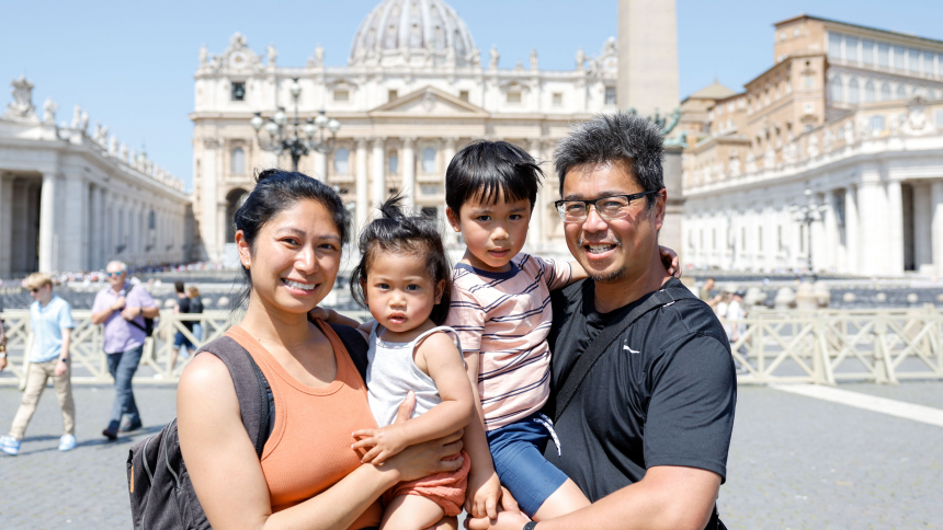 The Cruz-Lay family from Australia poses for a photo in St. Peter's Square in the Vatican May 30, 2023, the day the Vatican announced the launch of the Family Global Compact. (CNS photo/Lola Gomez)