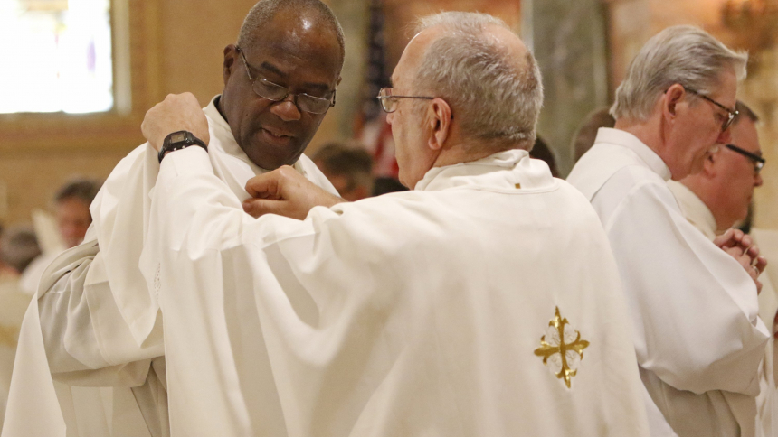 Deacon Francis Cuffie is vested by Msgr. Joseph Malagreca during his ordination to the diaconate at St. Joseph Co-Cathedral in Brooklyn, N.Y., May 25, 2019. The estimated number of permanent deacons in active ministry in U.S. was 13,695 in 2022, the lowest amount since 2011, according to results of new CARA survey. (OSV News photo/CNS file, Gregory A. Shemitz)