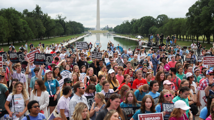 With the Washington Monument in the background, a crowd gathers at the Lincoln Monument in Washington June 24, 2023, for the National Celebrate Life Day rally to commemorate the first anniversary of U.S. Supreme Court's 2022 Dobbs ruling that overturned Roe v. Wade, the court's 1973 decision that legalized abortion nationwide. (OSV News photo/Evelyn Hockstein, Reuters)