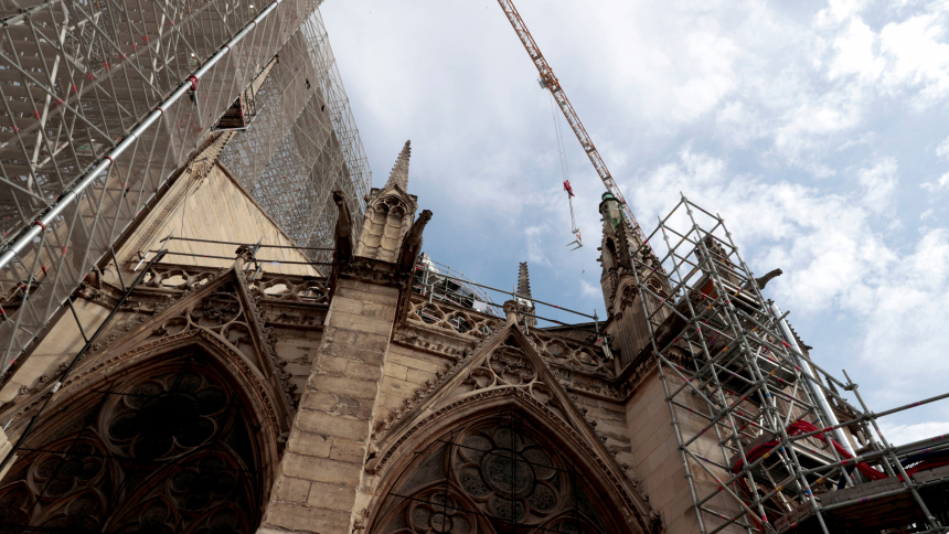 Scaffolding surrounds the Notre Dame Cathedral in Paris July 28, 2022. Four years into the devastating fire, Notre Dame will get the spire back by the end of 2023. (OSV News photo/Geoffroy Van Der Hassel, pool via Reuters)  