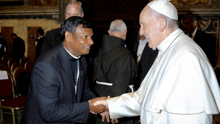 Father Jay Nuthulapati, then a member of the order of the Missionaries of the Precious Blood, was appointed a Missionary of Mercy in 2016 by Pope Francis, and met with the pontiff in 2018 during a biannual conference in Rome (above). Created for the Jubilee of Mercy in 2016, the pope decided to prolong the service of the Missionaries of Mercy given the many testimonies of conversion attributed to their special ministry. Recently, Father Nuthulapati was incardinated, which means he is now a diocesan priest. 