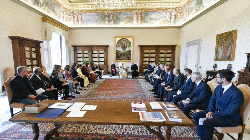 Pope Francis speaks to the organizers of the Green & Blue Festival during an audience at the Vatican June 5, 2023. (CNS photo/Vatican Media)