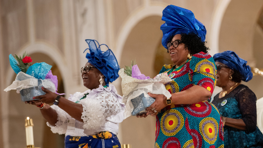 Women bring offertory gifts to the altar during the African National Eucharistic Congress Unity Mass July 22, 2023, at the Basilica of the National Shrine of the Immaculate Conception in Washington. (OSV News photo/Jaclyn Lippelmann, Archdiocese of Washington)