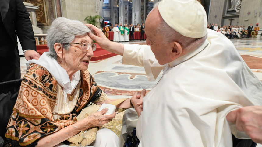 Pope Francis greets 100-year-old Lucilla Macelli before celebrating Mass in St. Peter’s Basilica at the Vatican, marking World Day for Grandparents and the Elderly July 23, 2023. (CNS photo/Vatican Media)
