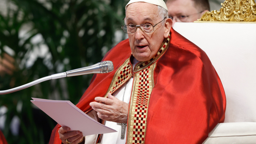 Pope Francis gives his homily during Mass for the feast of Sts. Peter and Paul in St. Peter’s Basilica at the Vatican June 29, 2023. The pope wore red vestments to recall the martyrdom of the two saints. (CNS photo/Lola Gomez)
