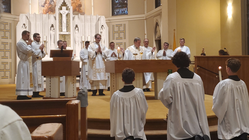 Bishop Robert J. McClory celebrats the Liturgy of the Eucharist during the St. Josemaria Feast Day Mass at St. Mary the Immaculate Conception on June 26. (Mary Wellinski photo)