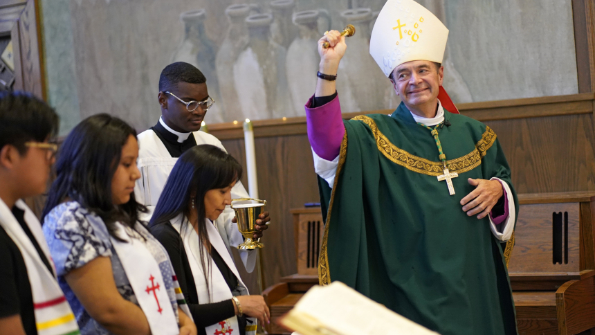 Bishop Robert J. Brennan of Brooklyn, N.Y., blesses the congregation with holy water as he celebrates a send-off Mass at Immaculate Conception Center in Douglaston, N.Y., July 23, 2023, for the more than 300 pilgrims from his diocese who will attend World Youth Day in Lisbon, Portugal, Aug. 1-6. Bishop Brennan will be among the nearly 29,000 U.S. pilgrims and more than 60 U.S. bishops who will attend the worldwide gathering. (OSV News photo/Gregory A. Shemitz)