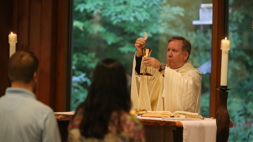 Bishop Robert McClory celebrates Mass at St. Ann of the Dunes in July 2020. The bishop will return to the parish to preside over a Green Mass on Sept. 6 that was organized by the diocese's Social Teaching Commission. (Bob Wellinski photo)