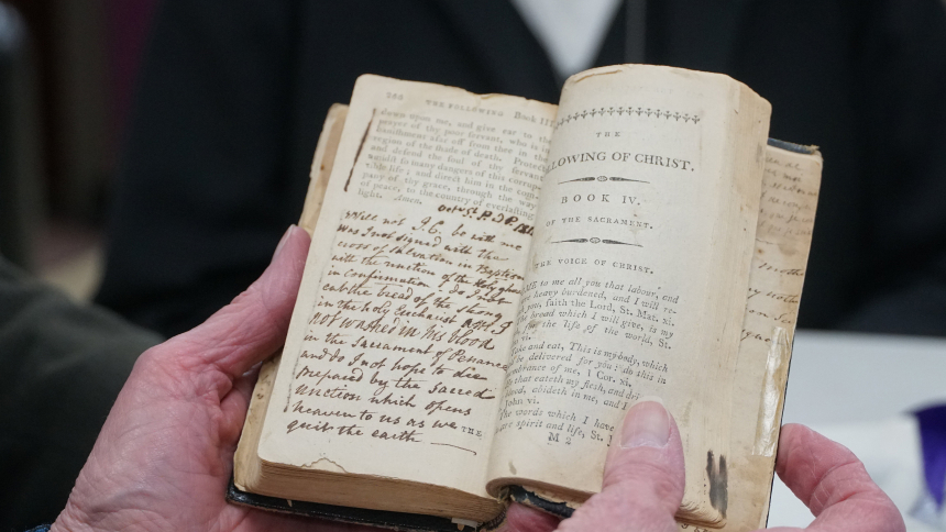 This is an original copy of St. Elizabeth Ann Seton's "The Following of Christ" (commonly translated as "The Imitation of Christ”). The book testifies to her love of Jesus and the Sisters of Charity of Seton Hill in Pennsylvania agreed to loan it to the National Shrine of St. Elizabeth Ann Seton in Emmitsburg, Md.,  for display in the shrine's new $4 million museum and visitors center opening Sept. 22, 2023. (OSV News photo/courtesy National Shrine of St. Elizabeth Ann Seton)