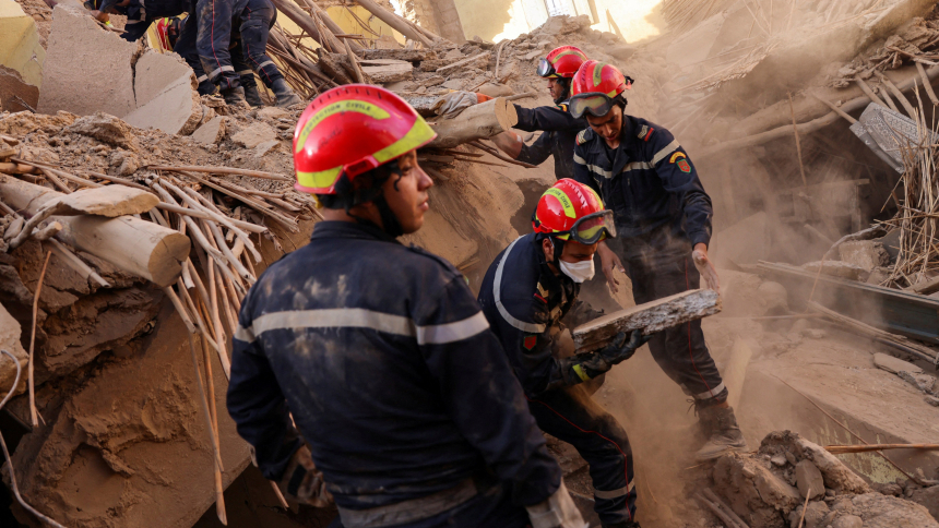 Emergency workers look for survivors in Amizmiz, Morocco, Sept, 10, 2023, in the aftermath of a deadly magnitude 6.8 earthquake. An aftershock rattled Moroccans that day as they mourned victims of the nation's strongest earthquake in more than a century Sept. 8, killing more than 2,000 people, a number that is expected to rise. (OSV News photo/Nacho Doce, Reuters)