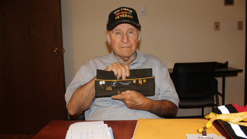 Leonard Kulasa displays his original U.S. Army garrison cap and the medals that adorn it more than 50 years after he served in the Vietnam Conflict as a Specialist E4 with the 244th Airborne Company during 1967-68. Active in both the American Legion and Veterans of Foreign Wars veterans organizations, he visited Washington D.C. on July 12 as an Honir Flight visitor. (Marlene A. Zloza photo)