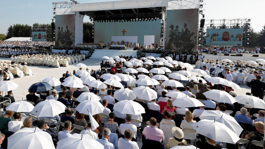 Thousands attend the Sept. 10, 2023, beatification Mass of the Ulma family, who were martyred in Markowa, Poland, for sheltering Jews under German occupation during World War II. Józef and Wiktoria and their seven children were proclaimed "Blessed" by Cardinal Marcello Semeraro, papal envoy, who concelebrated the Mass in Markowa. The Ulmas' seventh child was born as Wiktoria was executed. (OSV News photo/Patryk Ogorzalek/Agencja Wyborcza.pl via Reuters)