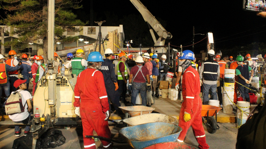 Rescue team members are pictured near Santa Cruz Church  in Madero, Mexico, after the roof collapsed Oct. 1, 2023, during a Mass and baptismal service. At lease 10 people died and another 60 people were injured in the collapse, with 23 remaining hospitalized. (OSV News photo/El Citadino via Reuters) MANDATORY CREDIT. NO ARCHIVES. MUST DISCARD 30 DAYS AFTER DOWNLOAD.