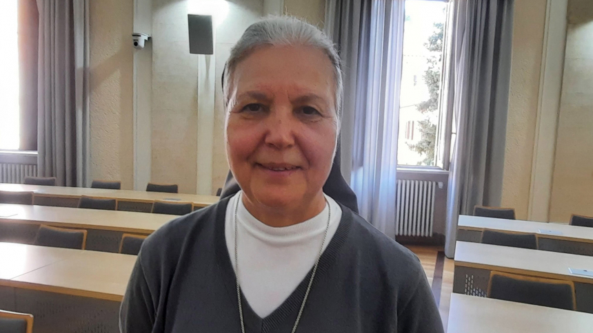 Sister Grazia Loparco, a Salesian sister of St. John Bosco, poses for a photograph at the Jesuit-run Pontifical Biblical Institute in Rome Oct. 9, 2023. She is a professor of church history at Rome's Pontifical Faculty of Educational Sciences "Auxilium." (CNS photo/Carol Glatz) 