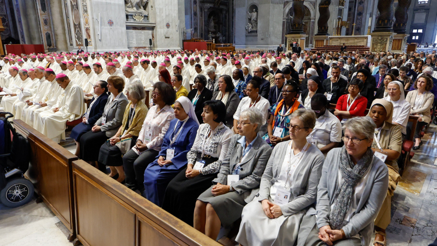 Participants in the assembly of the Synod of Bishops attend Mass presided over by Congolese Cardinal Fridolin Ambongo of Kinshasa at the Altar of the Chair in St. Peter's Basilica at the Vatican Oct. 13, 2023. (CNS photo/Lola Gomez)