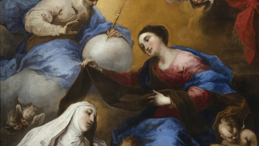 God, Mary, cherubs and a Carmelite saint seem to do a cosmic dance in this 17th-century Genoese painting. It's part of the "Faith, Beauty and Devotion" exhibit of 30 paintings from Italian and Flemish masters on display at the Belen Jesuit Preparatory School in Miami until Dec. 10, 2023. (OSV News photo/courtesy Belen Jesuit Preparatory School)