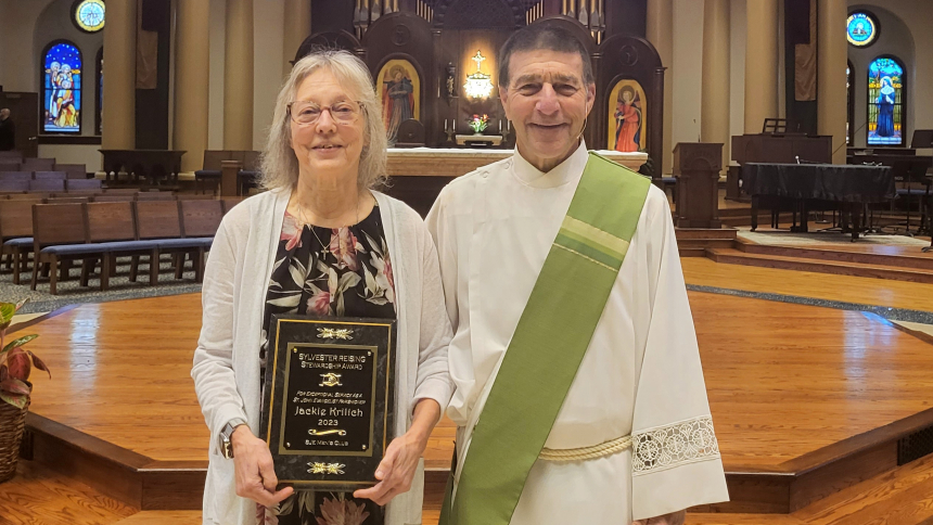 The St. John the Evangelist Men’s Club presented the Sylvester Reising Stewardship Award this year to Jackie Krilich in recognition of her exceptional stewardship. Jackie and her husband of 48 years Deacon Paul Krilich have been members of the St. John parish since they moved to Northwest Indiana in 1986. (Provided photo)