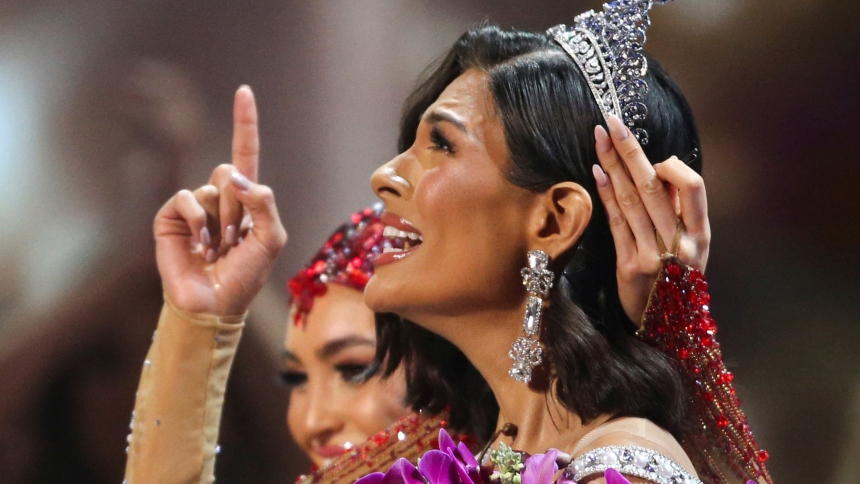 Miss Nicaragua Sheynnis Palacios points her finger upward after being crowned Miss Universe during the 72nd Miss Universe pageant in San Salvador, El Salvador, Nov. 18, 2023. (OSV News photo/Jose Cabezas, Reuters)