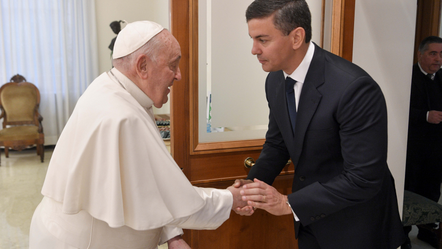 Pope Francis, who is recovering from pulmonary inflammation, shakes hands with Paraguay's President Santiago Peña Palacios at the end of their meeting in the Domus Sanctae Marthae at the Vatican Nov. 27, 2023. (CNS photo/Vatican Media)