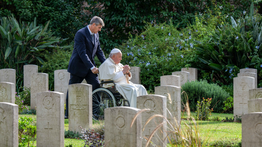Pope Francis arrives to celebrate Mass at the Rome War Cemetery, the burial place of members of the military forces of the Commonwealth in Rome Nov. 2, 2023, for All Souls' Day. (CNS photo/Paolo Galosi, pool)