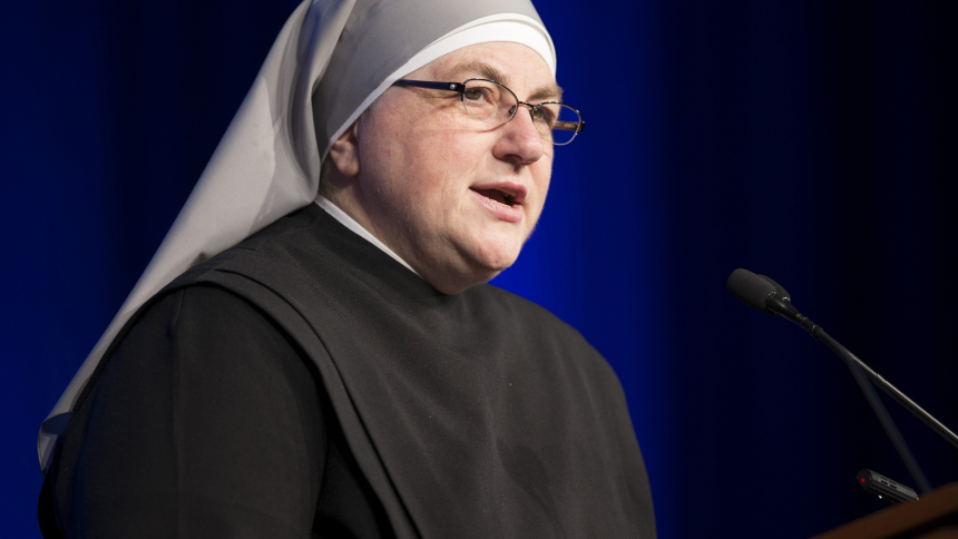 Sister Constance Veit, U.S. communications director for the order, the Little Sisters of the Poor, is pictured in a 2016 file photo. In a NOV. 3, 2023, statement written on behalf of members of her congregation in Nice, France, Sister Veit urged supporters join them in prayer for a sister who sustained serious head injuries when a car went out of control and hit her and another sister walking along a sidewalk Oct. 31. One sister suffered less serious injuries and was released from the hospital. Sister Veit 