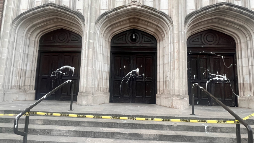 Paint is seen across the front of the Cathedral of the Annunciation in Stockton, Calif., Nov. 5, 2023, in an attack of vandalism that police were investigating as a hate crime. (OSV News photo/courtesy Diocese of Stockton)