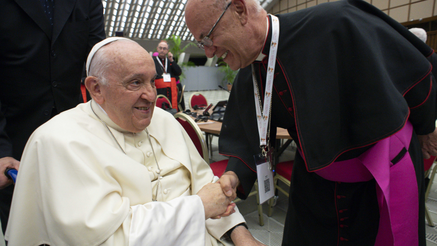 Pope Francis greets Bishop Kevin C. Rhoades of Fort Wayne-South Bend, Ind., Oct. 10, 2023, in Paul VI Audience Hall at the Vatican during the assembly of the world Synod of Bishops. (OSV News photo/Vatican Media/CPP)     
