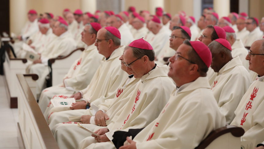 Bishops attend Mass Nov. 14, 2022, at the Basilica of the National Shrine of the Assumption of the Blessed Virgin Mary in Baltimore at the start of their 2022 fall plenary assembly. The historic basilica was again the worship site for the opening Mass of the U.S. Conference of Catholic Bishops' 2023 fall plenary assembly, which opened Nov. 13 with a morning of prayer, reflection and confession, followed by a Mass for peace at the basilica. (OSV News/CNS file, Bob Roller)