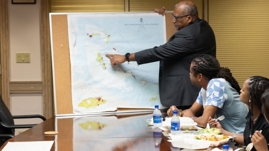 Archbishop Patrick C. Pinder of Nassau, Bahamas, meets with a Catholic Charities and Catholic communications delegation at his offices to discuss recovery progress following the Category 5 Hurricane Dorian in 2019. Dorian struck the Bahamas in early September of that year and has been characterized as the worst cyclone to ever strike the islands, with sustained winds of 185 mph. (OSV News photo/Tom Tracy)