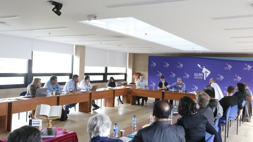 Participants speak during a theology conference on religious expressions in popular culture at the headquarters of the Latin American bishops' council, known as CELAM, in Bogotá, Colombia, Nov. 27, 2023. (CNS photo/Justin McLellan)