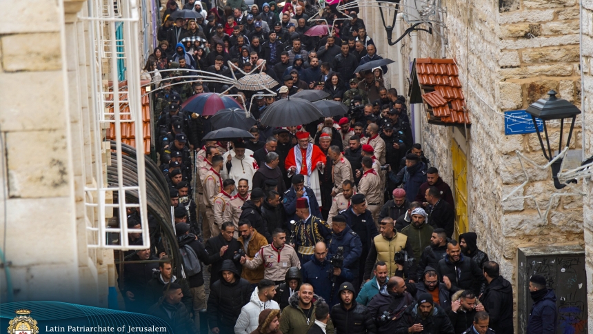 Latin Patriarch of Jerusalem Cardinal Pierbattista Pizzaballa and Cardinal Konrad Krajewski, prefect of the Vatican Dicastery for the Service of Charity, arrive in Bethlehem, on the West Bank, Dec. 24, 2023, to mark Christmas celebrations at a difficult time for Palestinian Christians amid ongoing Israel-Hamas war. (OSV News photo/courtesy Latin Patriarchate of Jerusalem)