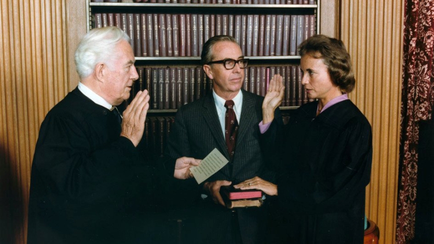 Sandra Day O'Connor is sworn in as a U.S. Supreme Court Justice by Chief Justice Warren Burger as her husband, John O'Connor, looks on in Washington Sept. 25, 1981. The first woman on the Supreme Court, she retired in 2006. O'Connor died Dec. 1, 2023, the high court said. She was 93. (OSV News photo/U.S. National Archives handout via Reuters)