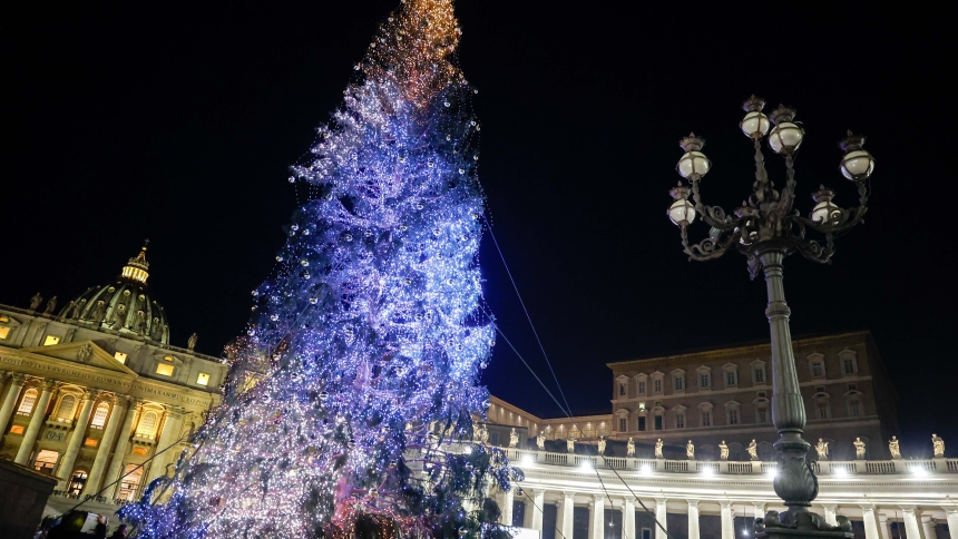 The Christmas tree is lighted in St. Peter’s Square at the Vatican Dec. 9, 2023. (CNS photo/Lola Gomez)