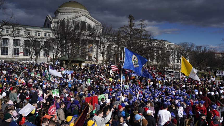 Pro-life advocates gather for the 50th annual national March for Life in Washington Jan. 20, 2023. Catholics and other members of the pro-life movement are converging in Washington for the annual March for Life Jan. 19, 2024, under the theme "With Every Woman, For Every Child." (OSV News photo/Gregory A. Shemitz)