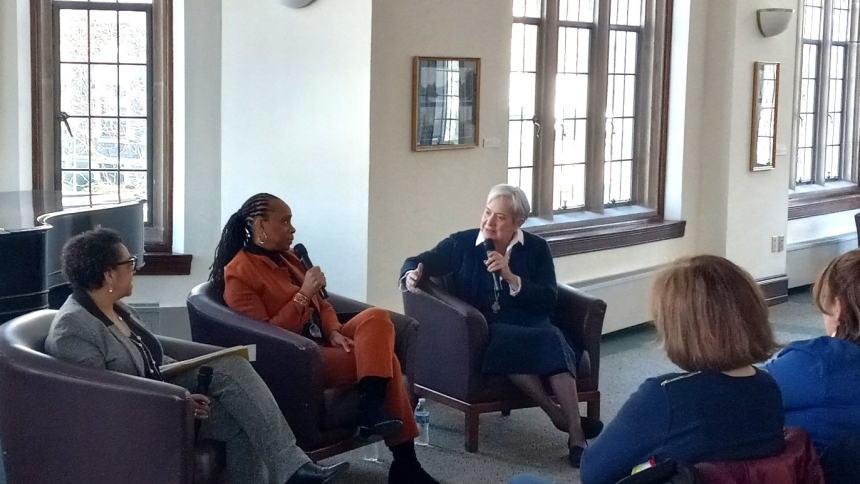 Sister Norma Pimentel, a Missionary of Jesus, center right, chats with attendees before the "Migrant State of Emergency" dialogue event City Jan. 20, 2024, sponsored by Jesuit-run Fordham University in New York City at its Rose Hill campus in the Bronx. Sister Norma is well known for her ministry to immigrants at the U.S.-Mexico border as executive director of Catholic Charities of the Rio Grande Valley. (OSV News photo/Armando Machado, The Good Newsroom)