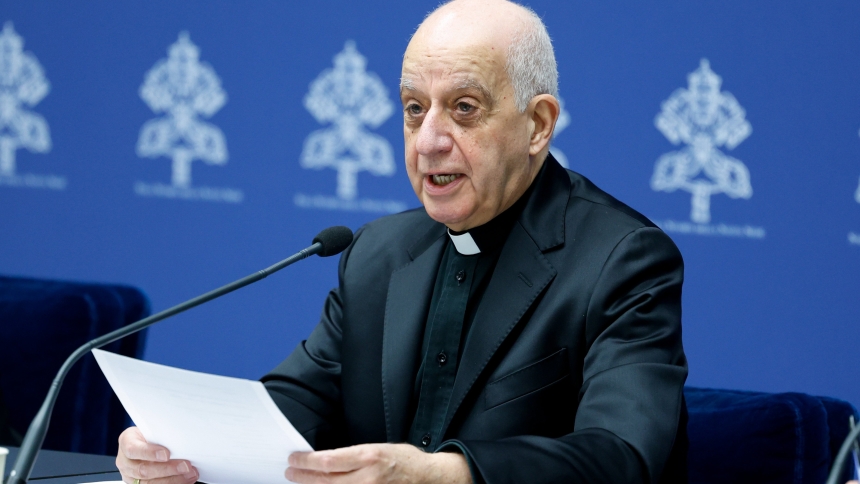 Archbishop Rino Fisichella, pro-prefect of the Dicastery for Evangelization's section for new evangelization, which is coordinating the Holy Year, speaks during a news conference about the Year of Prayer in preparation for the Holy Year at the Vatican Jan. 23, 2024. (CNS photo/Lola Gomez)