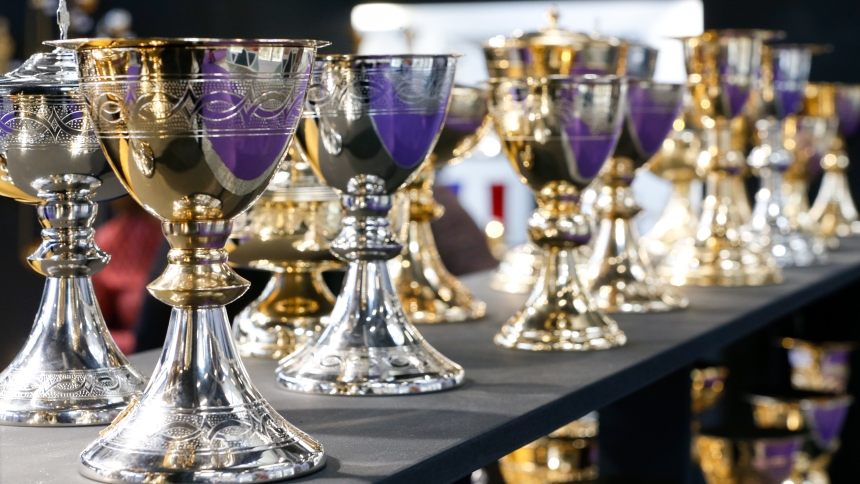 Chalices are seen on display at the International Religious Products and Services Exhibition in Bologna, Italy, Feb. 13, 2024. (CNS photo/Justin McLellan)